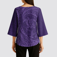 Hawaiian Turtle and Shark Kimono Sleeve Blouse Kakau Tribal with Polynesian Pattern Purple Color LT03 - Polynesian Pride