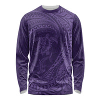 Hawaiian Turtle and Shark Long Sleeve Shirt Kakau Tribal with Polynesian Pattern Purple Color LT03 Unisex Purple - Polynesian Pride