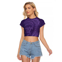 Hawaiian Turtle and Shark Raglan Cropped T Shirt Kakau Tribal with Polynesian Pattern Purple Color LT03 Female Purple - Polynesian Pride