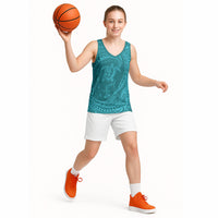 Hawaiian Turtle and Shark Basketball Jersey Kakau Tribal with Polynesian Pattern Turquoise Color LT03 - Polynesian Pride