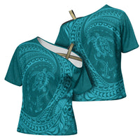 Hawaiian Turtle and Shark Cross Shoulder Shirt Kakau Tribal with Polynesian Pattern Turquoise Color LT03 - Polynesian Pride