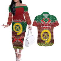 Vanuatu Christmas Couples Matching Off The Shoulder Long Sleeve Dress and Hawaiian Shirt Pig Tusk Beautiful Merry Xmas Snowflake LT03 Red - Polynesian Pride