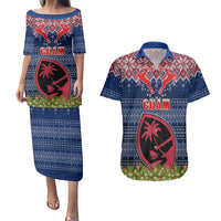 Guam Christmas Couples Matching Puletasi Dress and Hawaiian Shirt Chamorro Guam Tattoos Beautiful Merry Xmas Snowflake LT03 Blue - Polynesian Pride