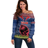 Guam Christmas Off Shoulder Sweater Chamorro Guam Tattoos Beautiful Merry Xmas Snowflake LT03 Women Blue - Polynesian Pride