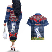 Personalised Guam Christmas Couples Matching Off The Shoulder Long Sleeve Dress and Hawaiian Shirt Chamorro Guam Tattoos Beautiful Merry Xmas Snowflake LT03 - Polynesian Pride