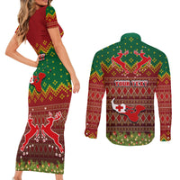 Personalised Tonga Christmas Couples Matching Short Sleeve Bodycon Dress and Long Sleeve Button Shirts Coat of Arms and Map Beautiful Merry Xmas Snowflake LT03 - Polynesian Pride