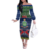 Niue Christmas Family Matching Off Shoulder Long Sleeve Dress and Hawaiian Shirt Coat of Arms and Map Beautiful Merry Xmas Snowflake LT03 Mom's Dress Blue - Polynesian Pride