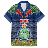 Niue Christmas Family Matching Off Shoulder Short Dress and Hawaiian Shirt Coat of Arms and Map Beautiful Merry Xmas Snowflake LT03 Dad's Shirt - Short Sleeve Blue - Polynesian Pride