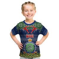 Niue Christmas Kid T Shirt Coat of Arms and Map Beautiful Merry Xmas Snowflake LT03 Blue - Polynesian Pride