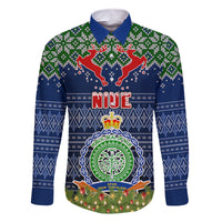 Personalised Niue Christmas Family Matching Long Sleeve Bodycon Dress and Hawaiian Shirt Coat of Arms and Map Beautiful Merry Xmas Snowflake LT03 Dad's Shirt - Long Sleeve Blue - Polynesian Pride