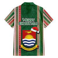 Kiribati Christmas Family Matching Off Shoulder Short Dress and Hawaiian Shirt Santa With Gift Bag Behind Ribbons Seamless Green Maori LT03 - Polynesian Pride