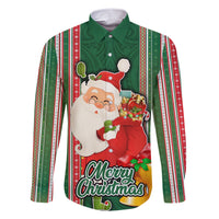 Kiribati Christmas Family Matching Short Sleeve Bodycon Dress and Hawaiian Shirt Santa With Gift Bag Behind Ribbons Seamless Green Maori LT03 Dad's Shirt - Long Sleeve Green - Polynesian Pride