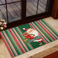 Custom Kiribati Christmas Rubber Doormat Santa With Gift Bag Behind Ribbons Seamless Green Maori LT03 - Polynesian Pride