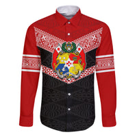 Tonga Family Matching Long Sleeve Bodycon Dress and Hawaiian Shirt Tonga Coat of Arms with Seamless Tapa Ngatu Pattern LT03 Dad's Shirt - Long Sleeve Black - Polynesian Pride