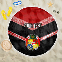 Personalised Tonga Beach Blanket Tonga Coat of Arms with Seamless Tapa Ngatu Pattern LT03 One Size 150cm Black - Wonder Print Shop