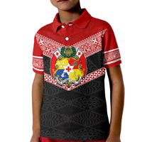 Personalised Tonga Kid Polo Shirt Tonga Coat of Arms with Seamless Tapa Ngatu Pattern LT03 Kid Black - Polynesian Pride