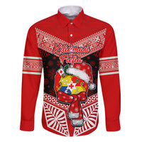 Tonga Christmas Family Matching Puletasi Dress and Hawaiian Shirt Tongan Coat of Arms Santa With Ngatu Pattern Christmas Red Style LT03 Dad's Shirt - Long Sleeve Red - Polynesian Pride