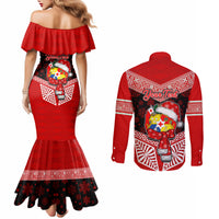 Personalised Tonga Christmas Couples Matching Mermaid Dress and Long Sleeve Button Shirts Tongan Coat of Arms Santa With Ngatu Pattern Christmas Red Style LT03 - Polynesian Pride