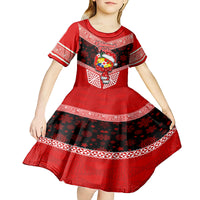 Personalised Tonga Christmas Kid Short Sleeve Dress Tongan Coat of Arms Santa With Ngatu Pattern Christmas Red Style LT03 - Polynesian Pride