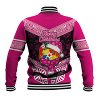 Tonga Christmas Baseball Jacket Tongan Coat of Arms Santa With Ngatu Pattern Christmas Pink Style LT03 - Polynesian Pride