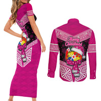 Tonga Christmas Couples Matching Short Sleeve Bodycon Dress and Long Sleeve Button Shirts Tongan Coat of Arms Santa With Ngatu Pattern Christmas Pink Style LT03 - Polynesian Pride