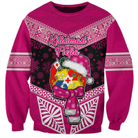 Tonga Christmas Sweatshirt Tongan Coat of Arms Santa With Ngatu Pattern Christmas Pink Style LT03 Unisex Pink - Polynesian Pride