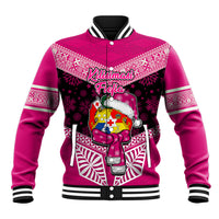 Personalised Tonga Christmas Baseball Jacket Tongan Coat of Arms Santa With Ngatu Pattern Christmas Pink Style LT03 Unisex Pink - Polynesian Pride