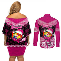 Personalised Tonga Christmas Couples Matching Off Shoulder Short Dress and Long Sleeve Button Shirts Tongan Coat of Arms Santa With Ngatu Pattern Christmas Pink Style LT03 - Polynesian Pride
