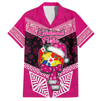 Personalised Tonga Christmas Family Matching Off Shoulder Maxi Dress and Hawaiian Shirt Tongan Coat of Arms Santa With Ngatu Pattern Christmas Pink Style LT03 Dad's Shirt - Short Sleeve Pink - Polynesian Pride