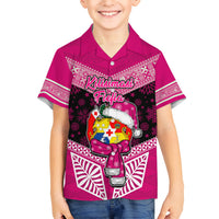 Personalised Tonga Christmas Kid Hawaiian Shirt Tongan Coat of Arms Santa With Ngatu Pattern Christmas Pink Style LT03 Kid Pink - Polynesian Pride
