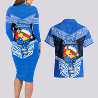 Tonga Christmas Couples Matching Long Sleeve Bodycon Dress and Hawaiian Shirt Tongan Coat of Arms Santa With Ngatu Pattern Christmas Blue Style LT03 - Polynesian Pride