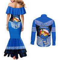 Tonga Christmas Couples Matching Mermaid Dress and Long Sleeve Button Shirts Tongan Coat of Arms Santa With Ngatu Pattern Christmas Blue Style LT03 - Polynesian Pride