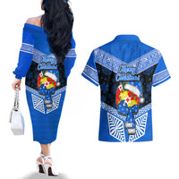 Tonga Christmas Couples Matching Off The Shoulder Long Sleeve Dress and Hawaiian Shirt Tongan Coat of Arms Santa With Ngatu Pattern Christmas Blue Style LT03 - Polynesian Pride