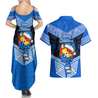 Tonga Christmas Couples Matching Summer Maxi Dress and Hawaiian Shirt Tongan Coat of Arms Santa With Ngatu Pattern Christmas Blue Style LT03 - Polynesian Pride