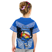 Tonga Christmas Kid T Shirt Tongan Coat of Arms Santa With Ngatu Pattern Christmas Blue Style LT03 - Polynesian Pride