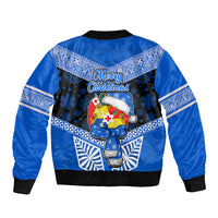 Tonga Christmas Sleeve Zip Bomber Jacket Tongan Coat of Arms Santa With Ngatu Pattern Christmas Blue Style LT03 - Polynesian Pride