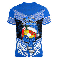 Tonga Christmas Women V Neck T Shirt Tongan Coat of Arms Santa With Ngatu Pattern Christmas Blue Style LT03 - Polynesian Pride
