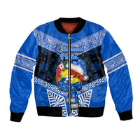 Personalised Tonga Christmas Bomber Jacket Tongan Coat of Arms Santa With Ngatu Pattern Christmas Blue Style LT03 Unisex Blue - Polynesian Pride