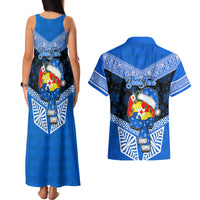 Personalised Tonga Christmas Couples Matching Tank Maxi Dress and Hawaiian Shirt Tongan Coat of Arms Santa With Ngatu Pattern Christmas Blue Style LT03 - Polynesian Pride