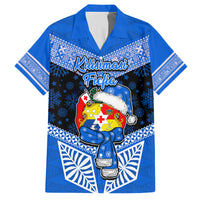 Personalised Tonga Christmas Family Matching Puletasi Dress and Hawaiian Shirt Tongan Coat of Arms Santa With Ngatu Pattern Christmas Blue Style LT03 Dad's Shirt - Short Sleeve Blue - Polynesian Pride