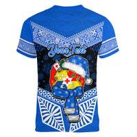 Personalised Tonga Christmas Women V Neck T Shirt Tongan Coat of Arms Santa With Ngatu Pattern Christmas Blue Style LT03 - Polynesian Pride