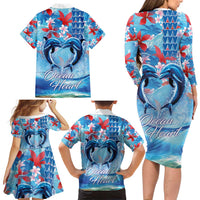 Hawaiian Dolphin Love Couple - Ocean Heart Family Matching Long Sleeve Bodycon Dress and Hawaiian Shirt