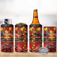 Hawaiian Turtle Love Couple 4 in 1 Can Cooler Tumbler Ocean Serenade - Honu Honi Ihu with Hibiscus and Romantic Sunset Red Color