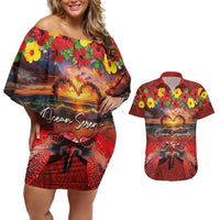 Hawaiian Turtle Love Couple Couples Matching Off Shoulder Short Dress and Hawaiian Shirt Ocean Serenade - Honu Honi Ihu with Hibiscus and Romantic Sunset Red Color