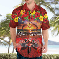 Hawaiian Turtle Love Couple Hawaiian Shirt Ocean Serenade - Honu Honi Ihu with Hibiscus and Romantic Sunset Red Color