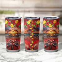 Hawaiian Turtle Love Couple Tumbler Cup Ocean Serenade - Honu Honi Ihu with Hibiscus and Romantic Sunset Red Color