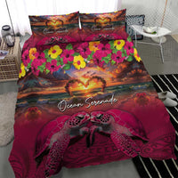 Hawaiian Turtle Love Couple Bedding Set Ocean Serenade - Honu Honi Ihu with Hibiscus and Romantic Sunset Pink Color
