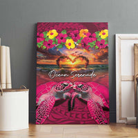 Hawaiian Turtle Love Couple Canvas Wall Art Ocean Serenade - Honu Honi Ihu with Hibiscus and Romantic Sunset Pink Color
