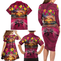 Hawaiian Turtle Love Couple Family Matching Long Sleeve Bodycon Dress and Hawaiian Shirt Ocean Serenade - Honu Honi Ihu with Hibiscus and Romantic Sunset Pink Color