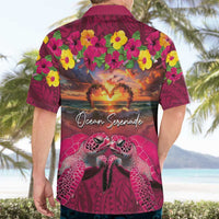 Hawaiian Turtle Love Couple Hawaiian Shirt Ocean Serenade - Honu Honi Ihu with Hibiscus and Romantic Sunset Pink Color LT03 - Polynesian Pride